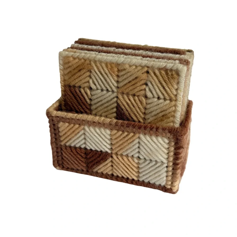 Vintage Handmade Plastic Canvas Coaster Set 7pc‎ Brown Tan Geometric Boho Decor